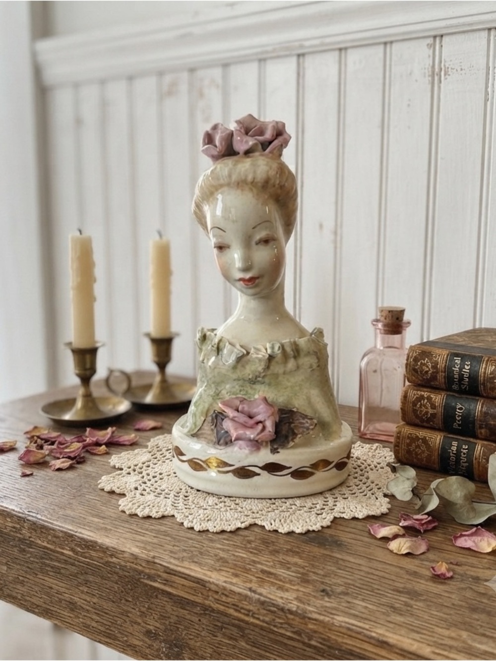 Vintage Cordey 1940s Porcelain Figurine Elegant Ceramic Bust with Pink Accents